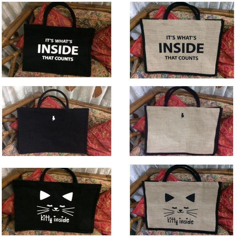 Printed jute shopping bags in black and natural